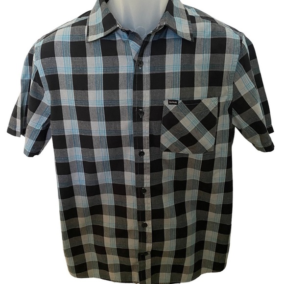 HURLEY Surf Blue, Black & Grey Plaid Short Sleeve Collared Shirt Men S Small - Picture 1 of 7